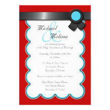 Red & Teal, Black Ribbon Wedding Invitations