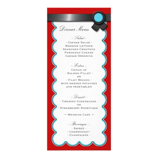 Red & Teal, Black Ribbon Wedding Reception Menu Full Color Rack Card