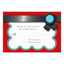 Red & Teal, Black Ribbon Wedding Reply/RSVP Cards Invitations