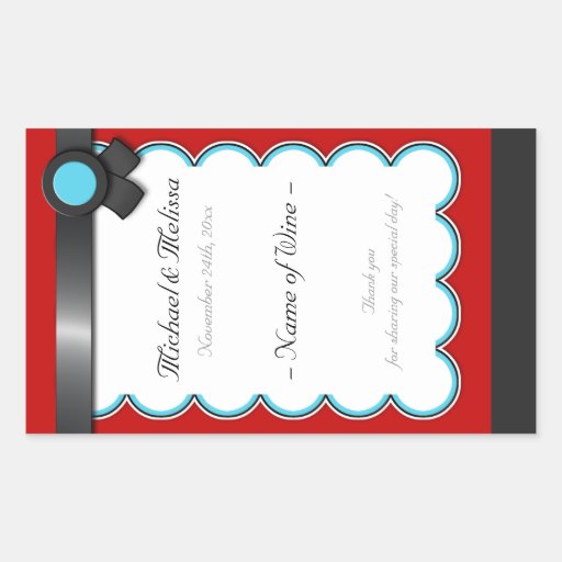 Red & Teal, Black Ribbon Wedding Wine Bottle Label Rectangular Stickers