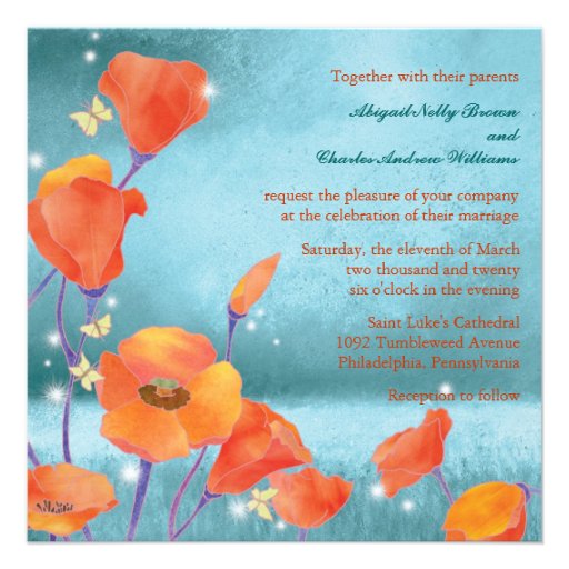 Red & Teal Dreaming Poppy Formal Floral Wedding Invite