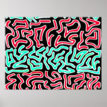 Red teal on black background abstract design print