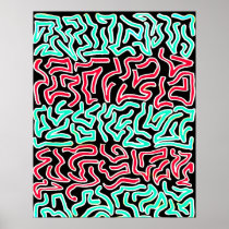 Red teal on black background abstract design poster