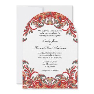 Red & Teal Vintage Paisley Damask Wedding Invites invitation