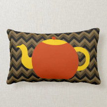 Red Teapot on Brown Zigzags. Throw Pillows