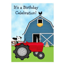 Red Tractor and Blue Barn Birthday Invite ~ Boys