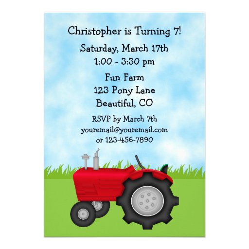 Red Tractor and Blue Barn Birthday Invite ~ Boys