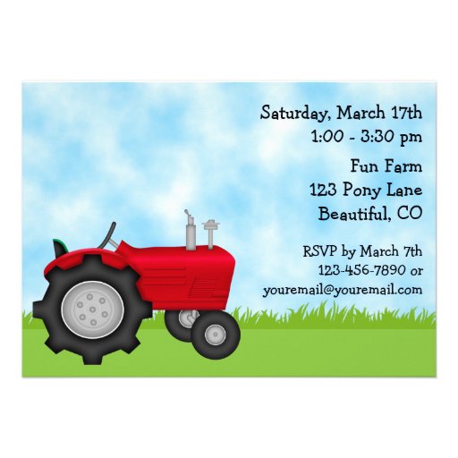 Red Tractor And Blue Barn Birthday Invite Boys