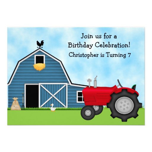 Red Tractor and Blue Barn Birthday Invite ~ Boys