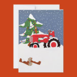 red, tractor, snow, pine tree, christmas,