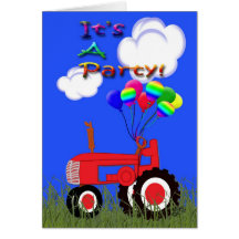 Red Tractor with Balloons Party Invitation Card