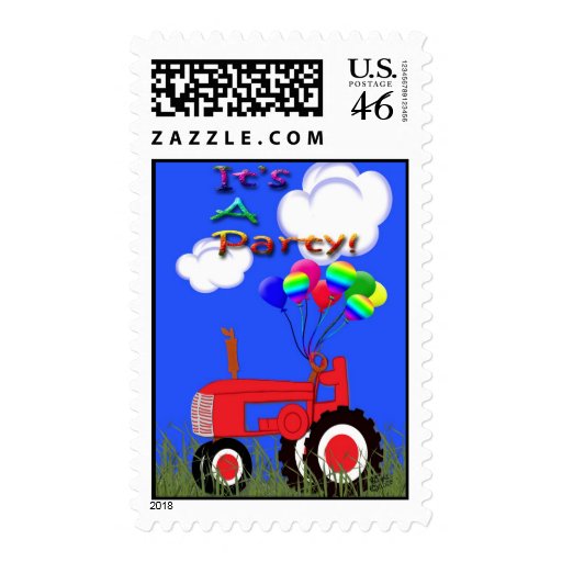 Red Tractor with Balloons Party Invitation Postage