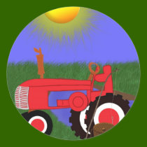 Red Tractor with Fishing Pole by Pond Sticker by KirstenEdwards Red Tractor with Fishing Pole by Pond Sticker