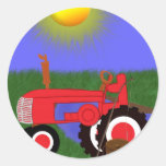 Red Tractor with Fishing Pole by Pond Sticker