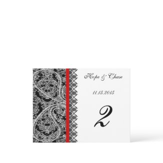 Red Trim Black Damask Table Number Cards postcard