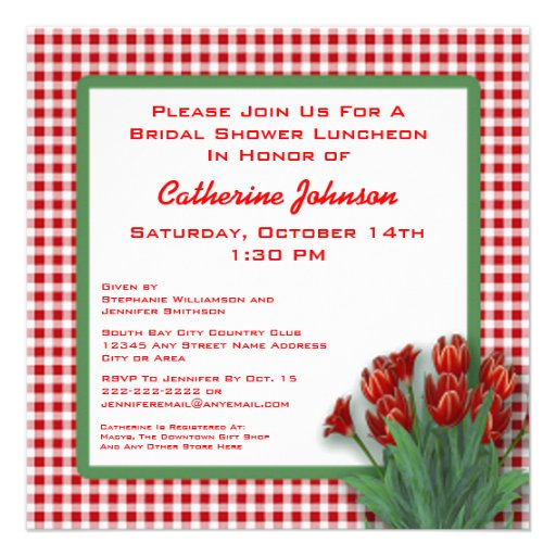 Red Tulips Gingham Checked Bridal Shower Luncheon Custom Invitation