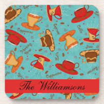 Red & Turquoise Coffee Cup Pattern Personalized Coaster