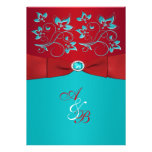 Red Turquoise Floral PRINTED Ribbon Wedding Invite