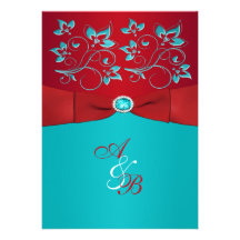 Red Turquoise Floral PRINTED Ribbon Wedding Invite