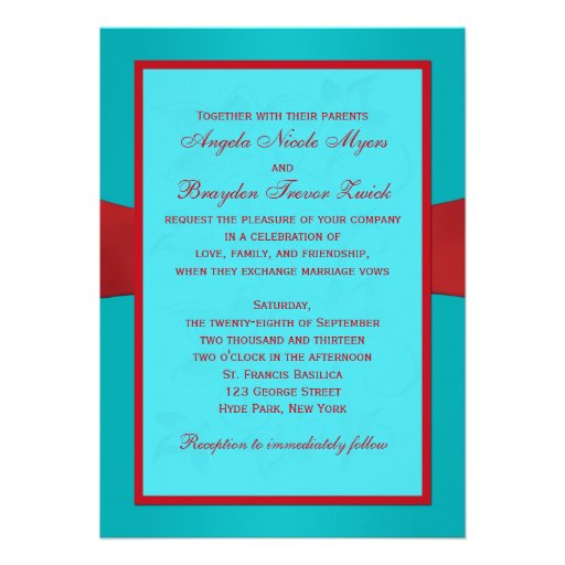Red Turquoise Floral PRINTED Ribbon Wedding Invite