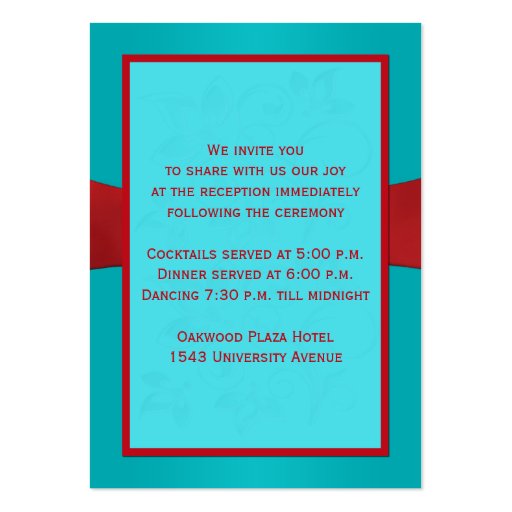 Red, Turquoise Floral Reception Enclosure Card Business Card Templates (back side)