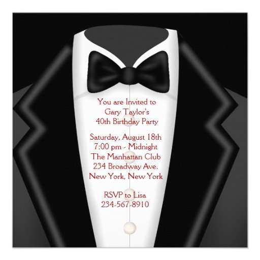 Red Tuxedo Mans Red Black 40th Birthday Party Personalized Invitations