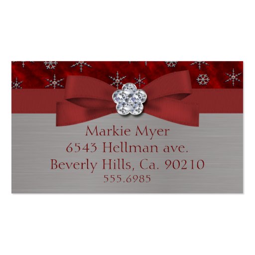 Red Velour & Silver Snowflakes Jewel Business Card Template (front side)