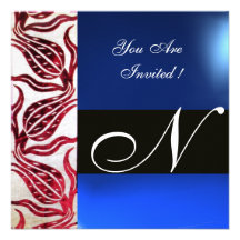 RED VELVET DAMASK TULIPS MONOGRAM Burgundy Blue Announcement