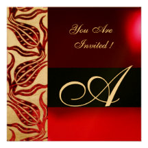 RED VELVET DAMASK TULIPS MONOGRAM Burgundy Gold Custom Announcements