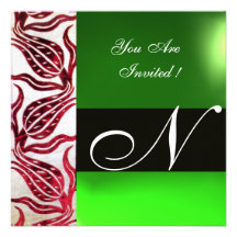 RED VELVET DAMASK TULIPS MONOGRAM Burgundy Green Custom Invites