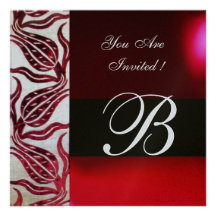 RED VELVET DAMASK TULIPS MONOGRAM Burgundy Silver Announcement