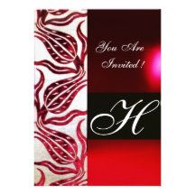 RED VELVET DAMASK TULIPS MONOGRAM Burgundy White Custom Invitations