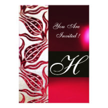 RED VELVET DAMASK TULIPS MONOGRAM Burgundy White Invite