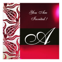 RED VELVET DAMASK TULIPS MONOGRAM Burgundy White Personalized Invitation