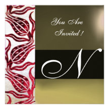 RED VELVET DAMASK TULIPS MONOGRAM Burgundy White Custom Announcements
