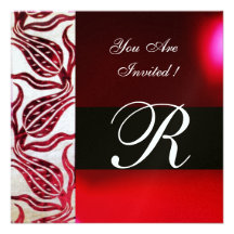 RED VELVET DAMASK TULIPS MONOGRAM Burgundy White Personalized Invitation