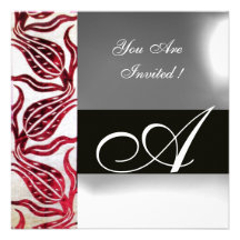 RED VELVET DAMASK TULIPS MONOGRAM Burgundy White Custom Invitation