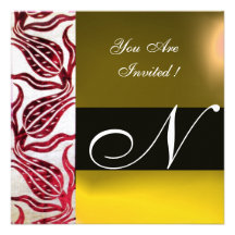 RED VELVET DAMASK TULIPS MONOGRAM Burgundy Yellow Custom Invitation