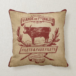 Red Vintage Cow Deli Advertisment Burlap Throw Pillow