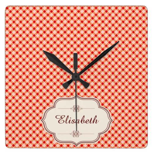 Red vintage gingham calligraphy name square wall clock Red vintage gingham calligraphy name square wall clock