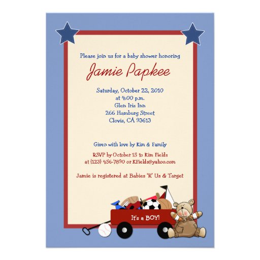 Red Wagon Teddy Bear 5x7 Sports Baby Shower Announcement