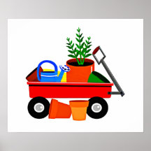 Red Wagon with Plants & Garden Tools Poster