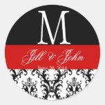 Red Wedding Monogram Names Date Damask Seal Stickers