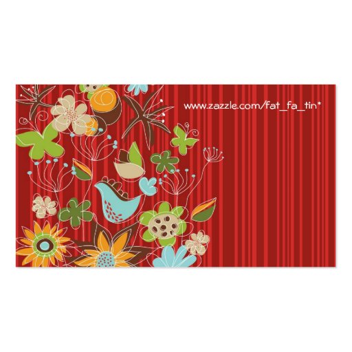 Red Whimsical Floral Garden Nature Bird Flowers Business Card Template (back side)