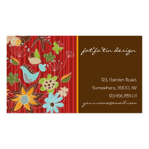 Red Whimsical Floral Garden Nature Bird Flowers Business Card Template (front side)