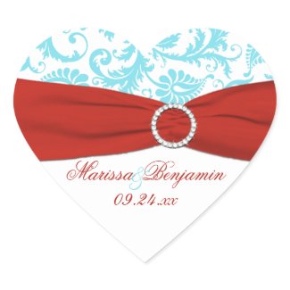 Red, White, and Aqua Damask Heart Shape Sticker sticker