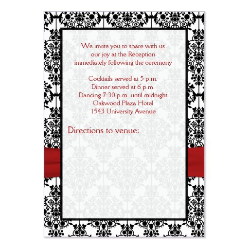 Red, White and Black Damask Reception Card Business Card Templates (back side)