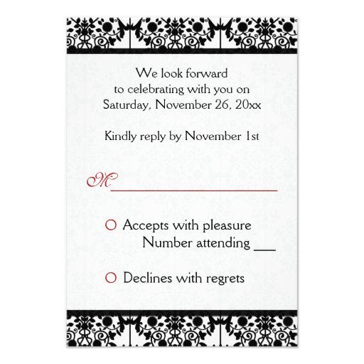 Red, White and Black Damask Reply Card 2 Custom Invitations