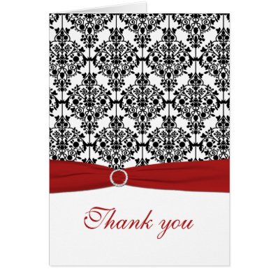 Red, White and Black Damask Thank You Card