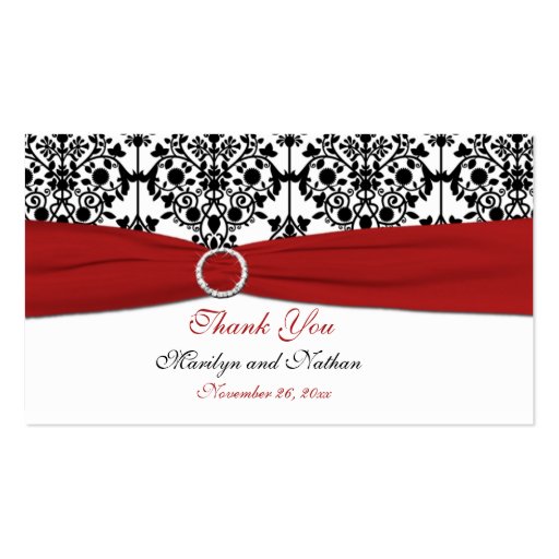 Red, White and Black Damask Wedding Favor Tag Business Cards (front side)